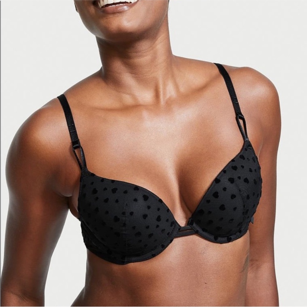 Victoria’s Secret black bra with velvet heart pattern